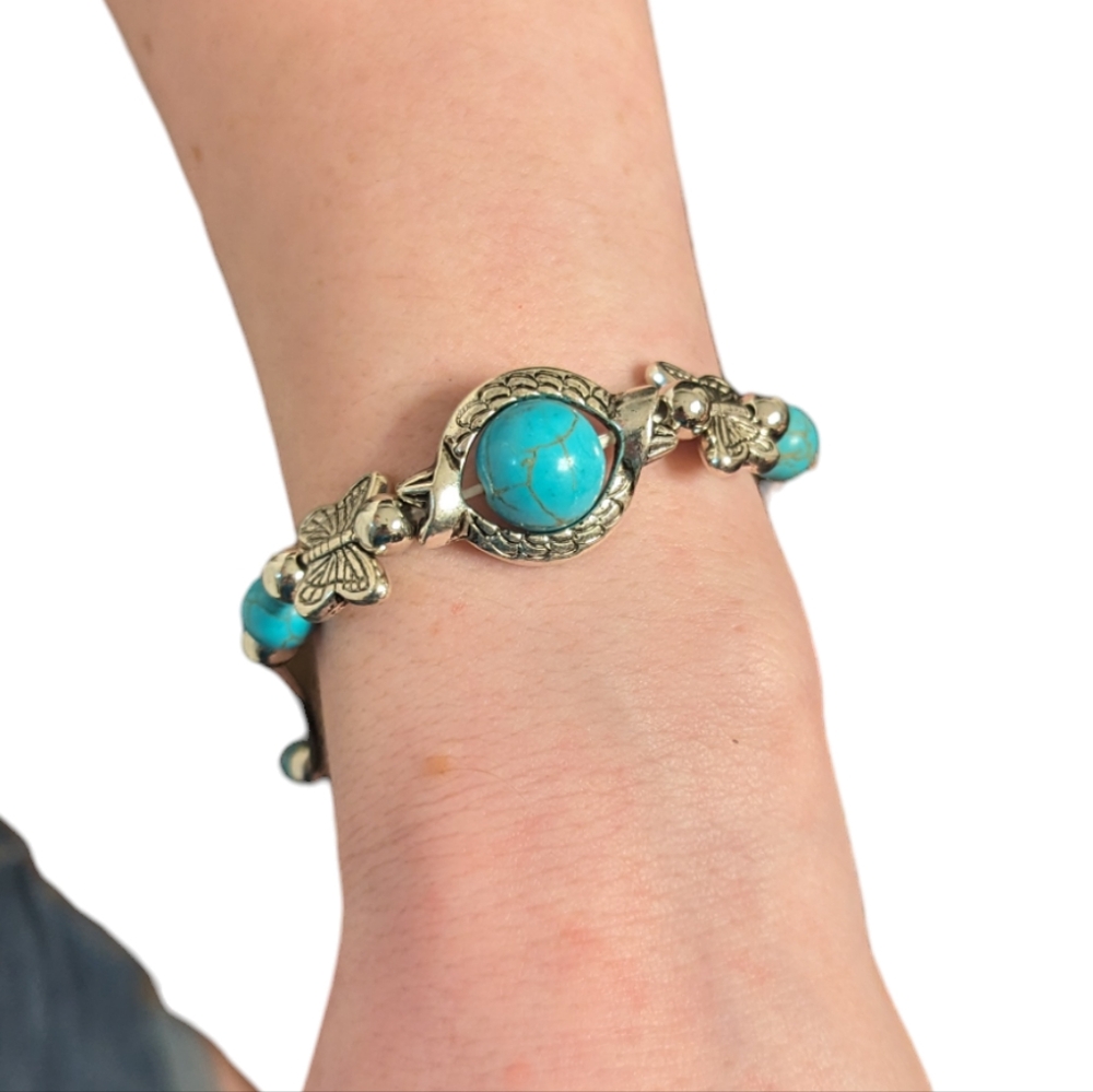 Silvertone and Turquoise Bracelet with Butterfly Charms